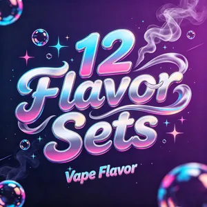 Colorful promotional graphic with large glossy 3D text reading '12 Flavor' and smaller 'Vape Flavor' text underneath, set against a purple-pink gradient background with wisps of smoke and floating bubbles.