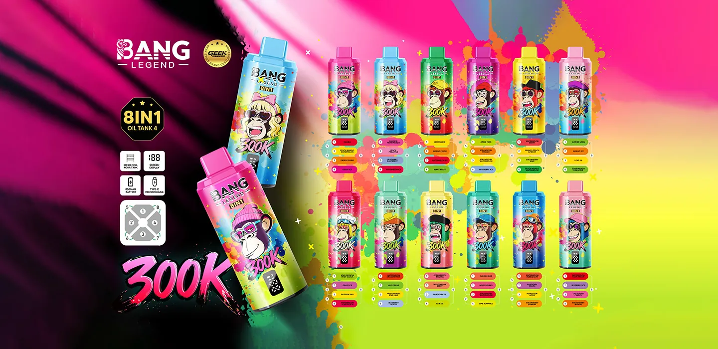 Bright Bang Legend banner displaying a row of colorful monkey-themed oil tank bottles against a neon pink-to-green gradient, with a prominent '300K' graphic on the left and an 8IN1 OIL TANK 4 badge.