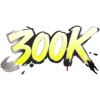 Bold graffiti-style graphic displaying the text 300K in yellow with a black outline, surrounded by colorful spray-paint streaks on a pink background.