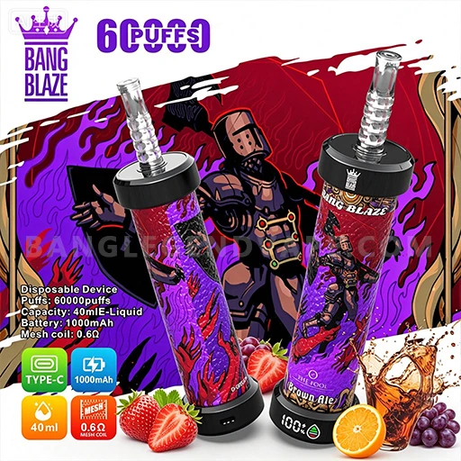 Two purple flame-themed Bang Blaze disposable vape devices stand upright in front of bold red-and-purple packaging featuring a knight, with the box noting 40 ml e-liquid capacity, 1000 mAh battery, and 0.6 Ω mesh coil, and fruit imagery such as strawberries, an orange slice, and grapes at the base.