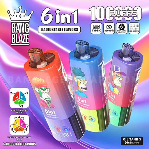 Three colorful Bang Blaze 6in1 vape devices in orange, blue, and purple gradient packaging with cartoon character artwork, highlighting 6in1 adjustable flavors and 100 puffs, plus icons for Type-C charging, 850 mAh battery, oil tank, and LED screen.