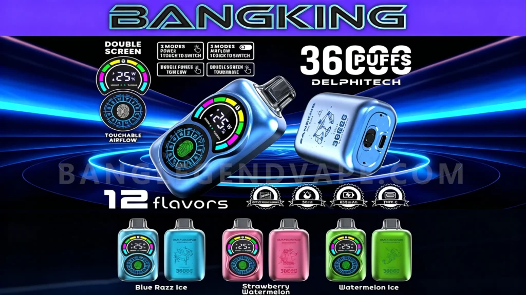 Promotional banner for Bangking Delphitech vape featuring a blue metallic pod with a circular multicolor display, bold 3600 Puffs text, and rows of colorful flavor pods including Blue Razz Ice, Strawberry Watermelon, and Watermelon Ice among 12 flavors.